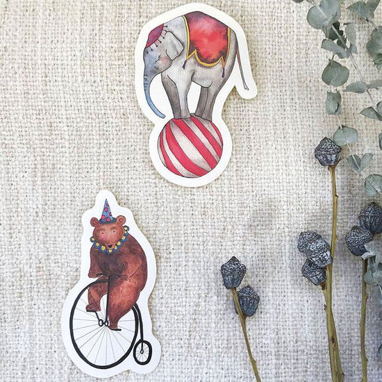 Animal Circus Stickers, set of 2 - Bicycle pedaling bear & ball-riding elephant