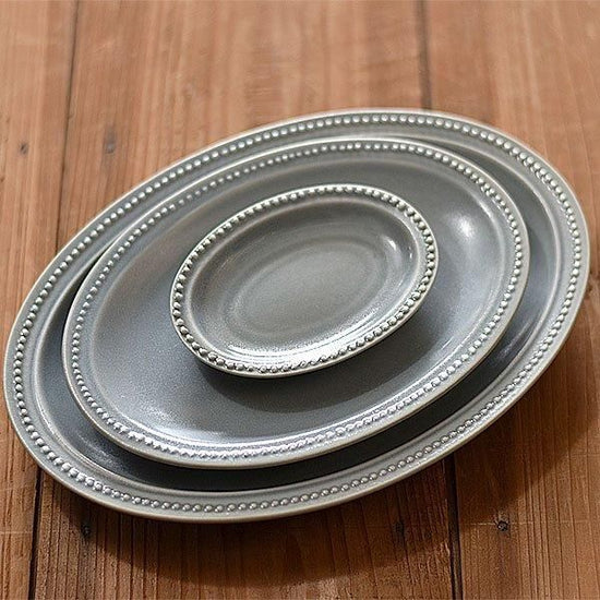 Gray Rim Dot 27 Oval Grayish Western Tableware, shaped plate, made in Japan, Minoyaki, stylish, modern