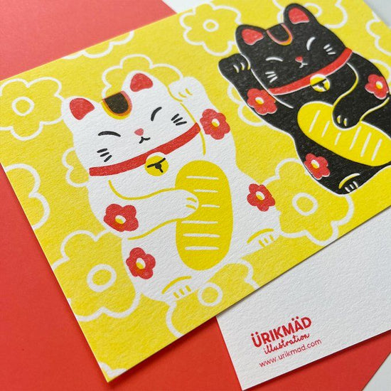 Black and White Pair Manekineko Postcard