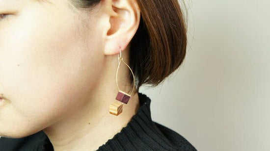 Marquetry cube Pierced earrings, Clip-on earrings