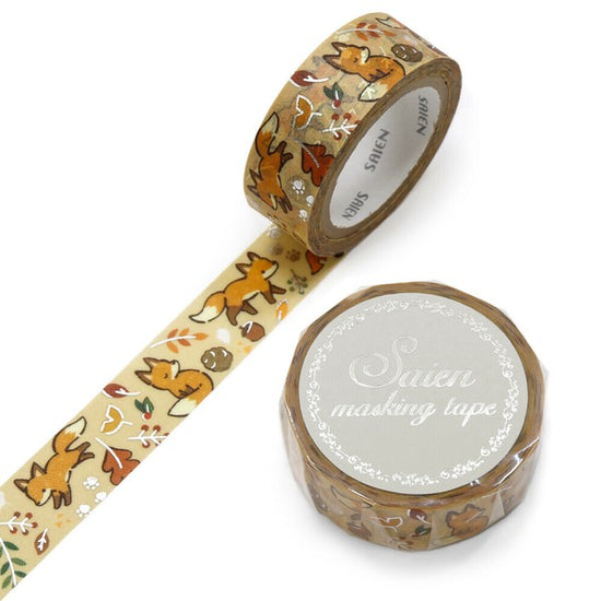 Masking Tape – Fox and Fallen Leaves, Silver Foil, 15mm × 7m Roll
