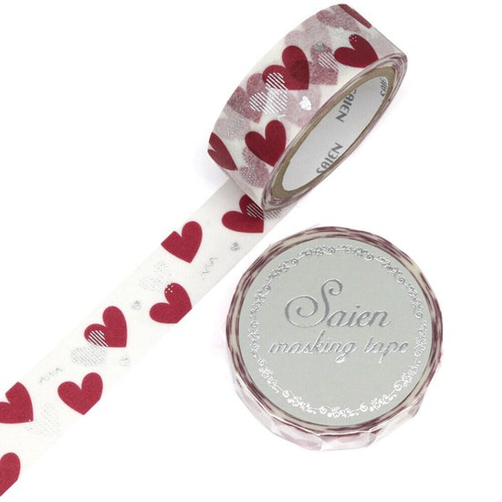 Kamiiso Sansho SAIEN Masking Tape – Heart, Silver Foil, 15mm × 7m Roll