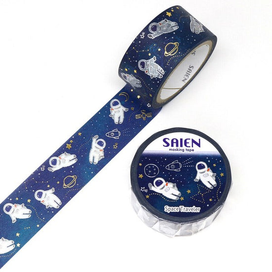 Kamiiso Sansho SAIEN Masking Tape – Space Traveler (Astronaut), Gold & Silver Foil, 20mm × 5m Roll
