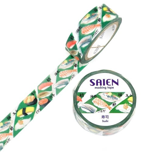 Kamiiso Sansho SAIEN Masking Tape – Sushi Design, 15mm × 7m Roll