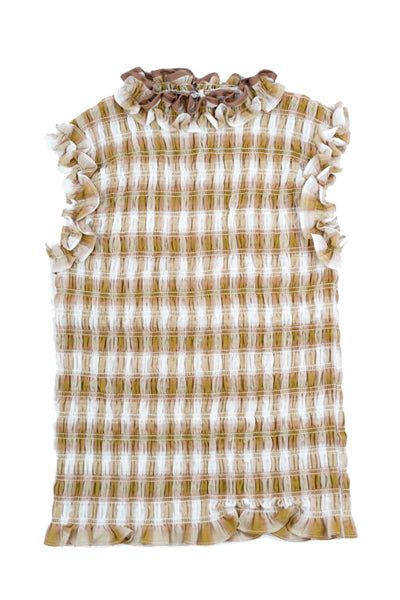 Shirred Check Blouse (Beige)