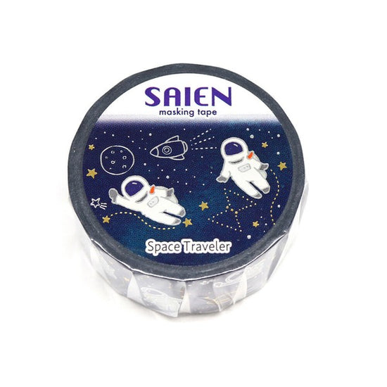 Kamiiso Sansho SAIEN Masking Tape – Space Traveler (Astronaut), Gold & Silver Foil, 20mm × 5m Roll