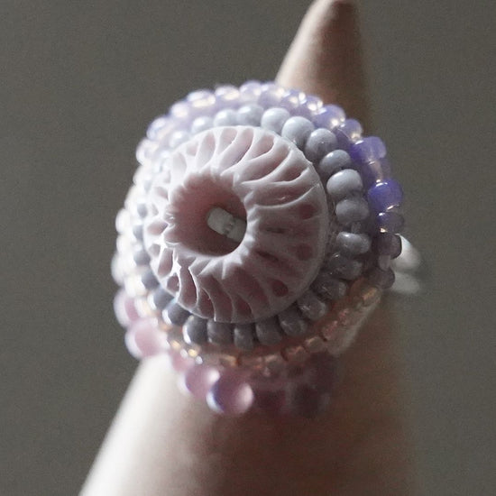 Chatty ring 52 free size bead embroidery ring round purple pastel multicolor