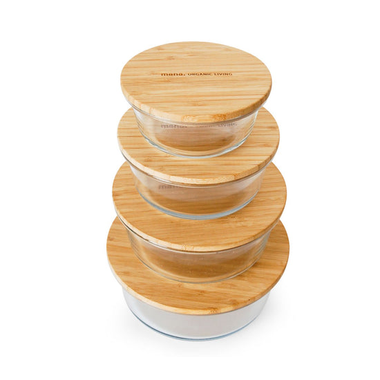 Bamboo and heat-resistant glass container (round)