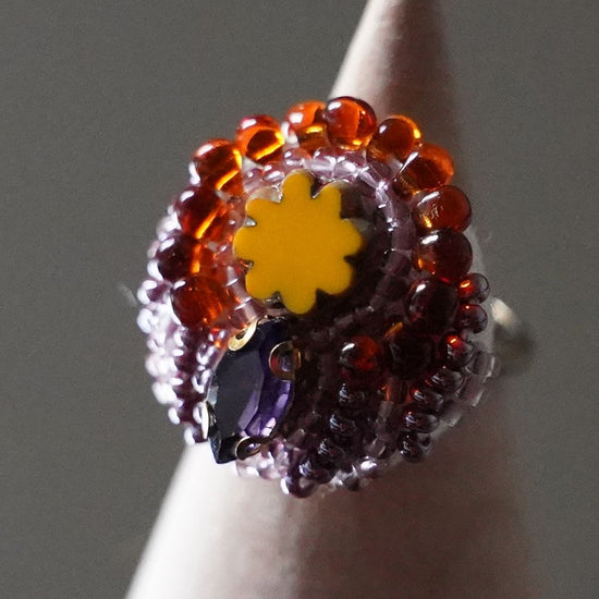 Chatty ring 20 free size beads embroidery ring flower bijoux orange purple colorful multicolor