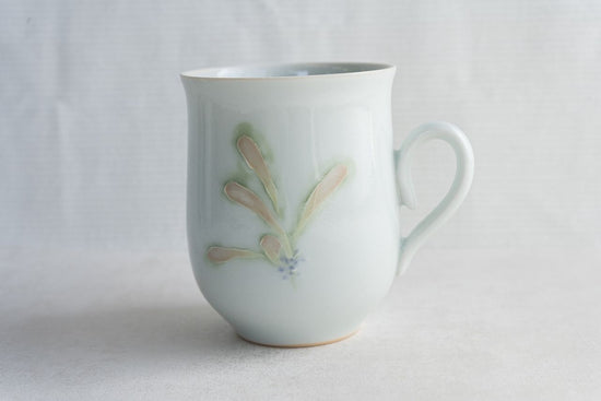 Round-bottomed mug with floral motifs (spring orchid, earthenware brush, skunk cabbage, two people still, swoopy, butterfly orchid, lilac, and flowering water lily)