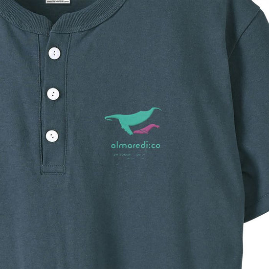 Open-ended henley neck t-shirt indigo "Humpback whale parent-child bond"