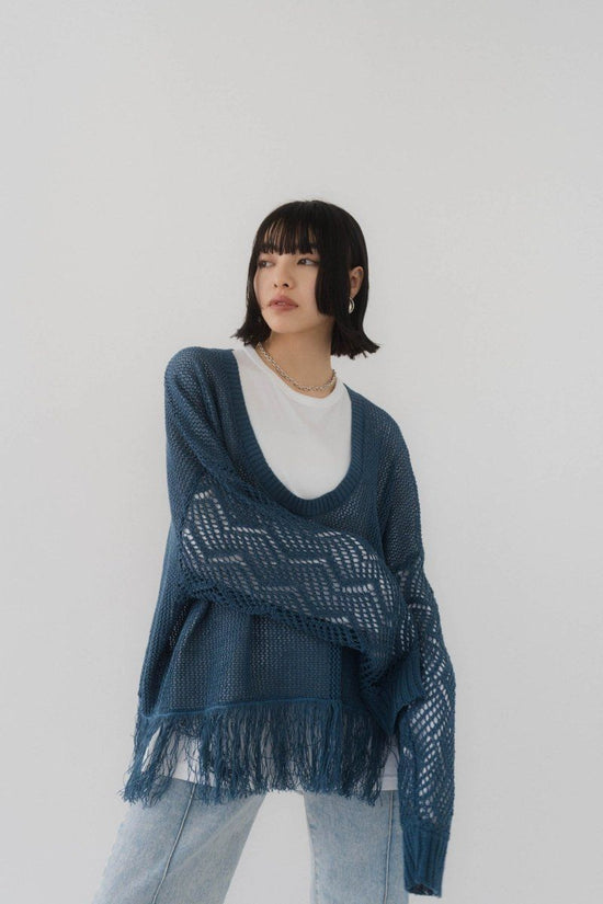 Uneck Fringe Mesh Knit/ Blue