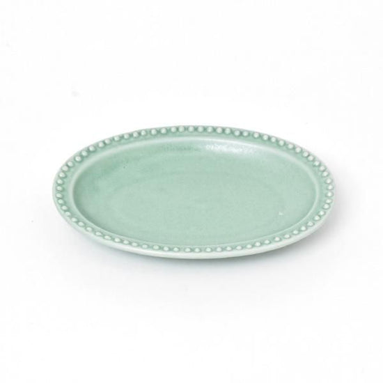 Green Rim Dot 12 Oval Greenish Western Tableware, shaped plate, made in Japan, Minoyaki, stylish.