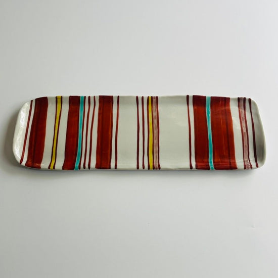 [Tada Tetsuo] Striped design with underglaze blue stripes, oblong dish (long and narrow)