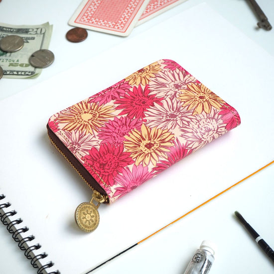 Round Zipper Compact Wallet (Gerbera) Genuine Leather Mini