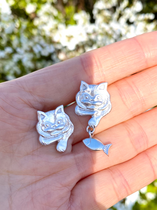 Oliver with Finley pierced earrings | cat + fish | silver925