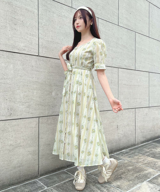 Sheer Striped Floral Pattern Gown Dress / an another angelus [53BE03h002].