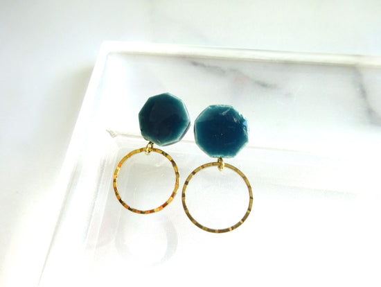 Octagonal and Gold Ring Ceramic Pierced Earrings / Clip-on Earrings Dark Green
