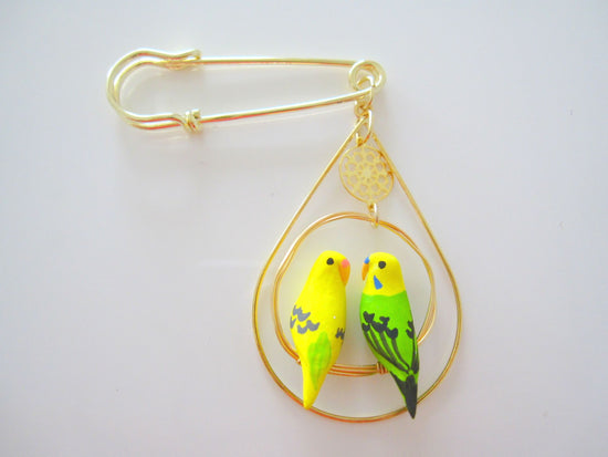 Two Budgies (Green and Yellow) Brooch