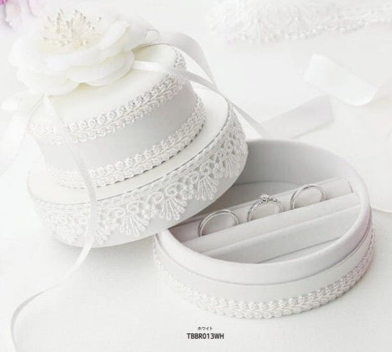 Bridal ring case, wedding cake shape with ribbon, lace and artificial flowers, for both engagement and wedding. 3 pieces, TBBR-013