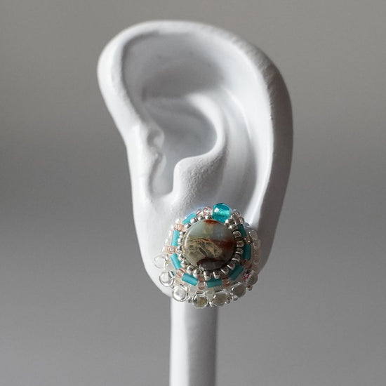 Beaded embroidered clip-on earrings Pierced earrings 13 blue clear silver turquoise large one-of-a-kind unique natural stone