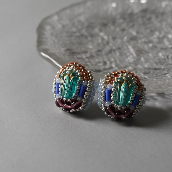 Clip-on earrings with bead embroidery Pierced earrings 6 blue silver purple large size, one of a kind