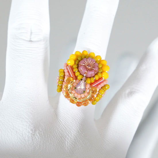 Chatty ring 91 free size bead embroidery ring flower yellow pink