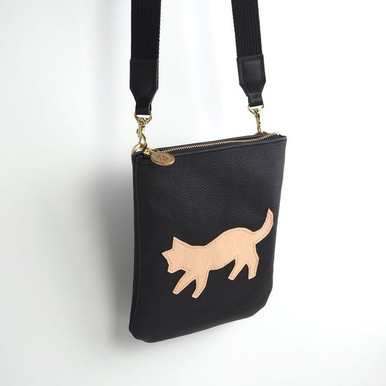 Zipper Mini Pochette [Walking Cat] Genuine Leather Phone Shoulder Bag