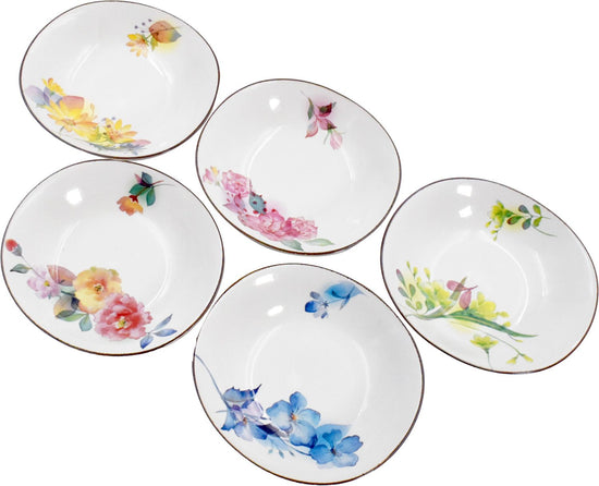 set of flat bowls with iridescent flowers