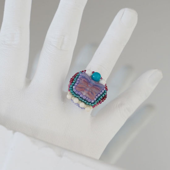 Also used as a scarf clasp! Chatty ring 126, free size, bead embroidery ring, butterfly, large ring