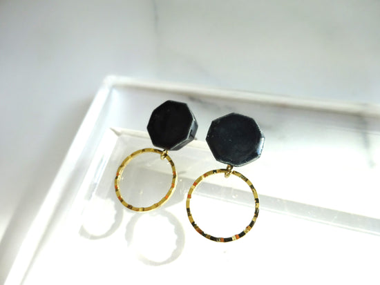 Octagonal and Gold Ring Ceramic Pierced Earrings / Clip-on Earrings Black