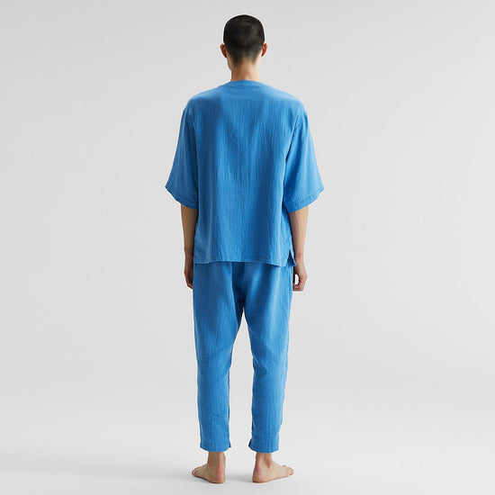 Cotton Linen High-Twisted Waffle Gauze Short-Sleeved Pajamas for Men Blue