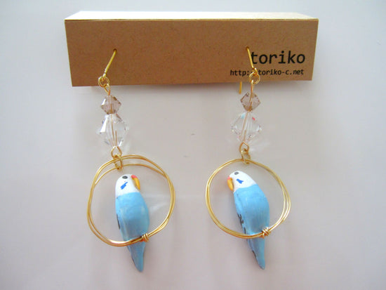 Ring-Riding Budgie (Light Blue) Pierced earrings with Swarovski Clip-on earrings