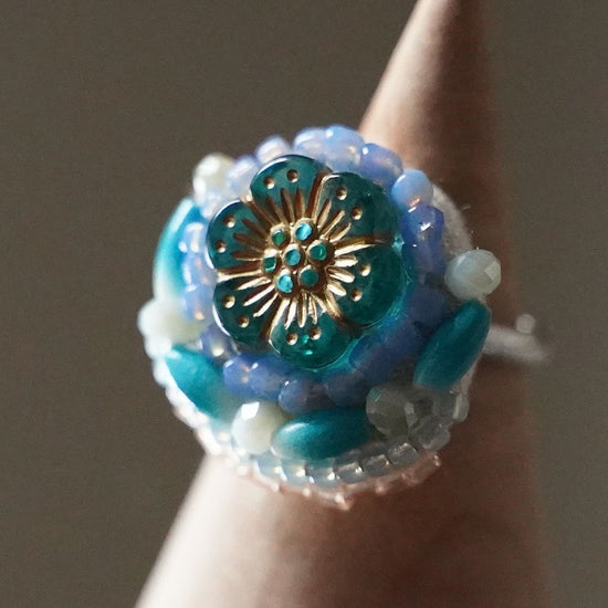 Chatty ring 48 free size beaded embroidery ring flower blue colorful