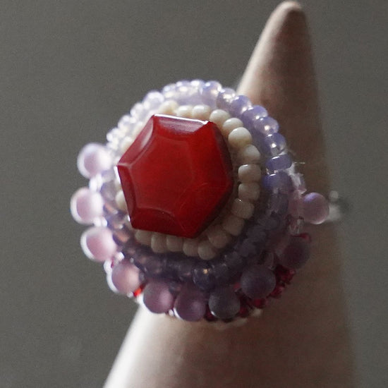 Scarf clasp also fashionable ring 159 free size bead embroidery ring red purple large ring