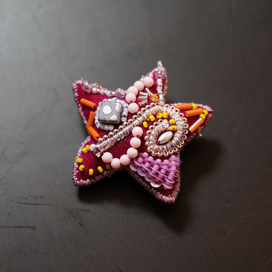 Christmas ornament. Very lightweight star brooch with bead embroidery, 1 pink.