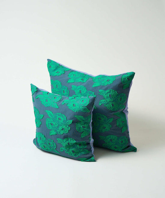 Cushion cover / green flower × blue stripe / M