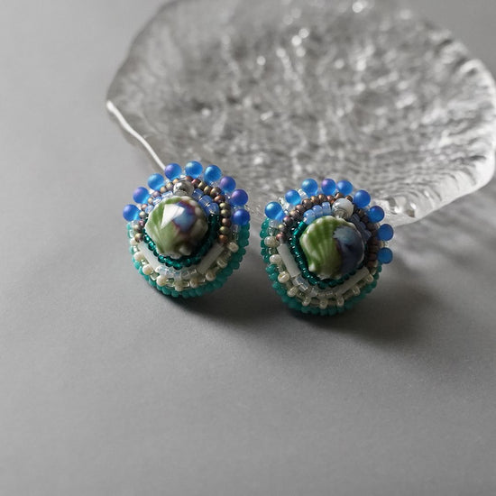 Clip-on earrings Pierced earrings 48 round shells, large size, Surgical stainless steel, one-of-a-kind, bead embroidery.