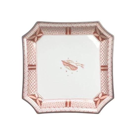 [Reiko Fukushima] 6"-sized corner-cut square dish, gourd design in red painting in fine detail