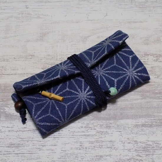 Kyoto Douchu wallet, denim navy blue, linen leaf, silver, standard