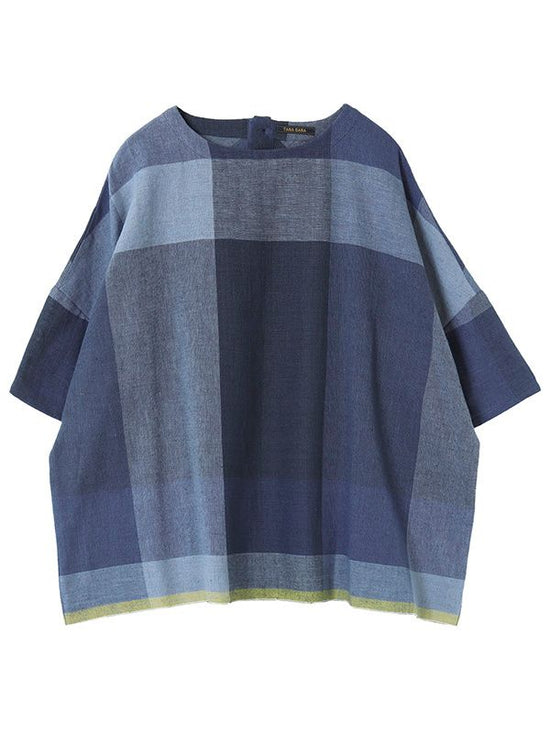 Gradient cotton linen slub check loose blouse (2 colors)