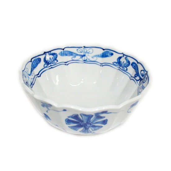 [Eisyou] Deep six-sided bowl with floral wheel design in underglaze blue