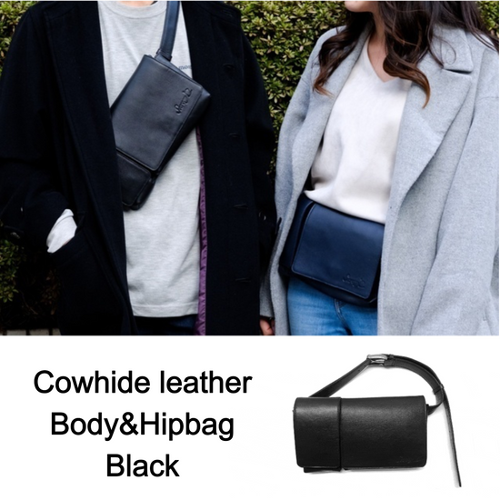 Cowhide leather body and hip bag (Black)