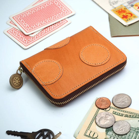 Round Zipper Compact Wallet (Polka Dot Patchwork) Cowhide Mini