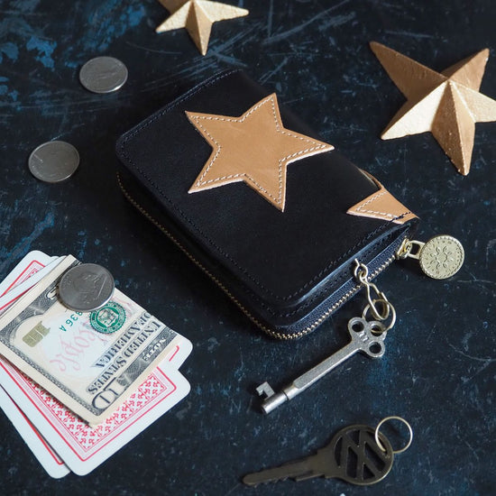 Key Wallet [ Key Case + Mini Wallet ] (Black / Star Patchwork) Genuine Leather Compact Star