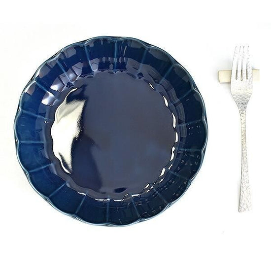 Fiore navy flower-shaped 22cm deep dish, blue, Western tableware, round plate, made in Japan, Minoyaki, stylish.