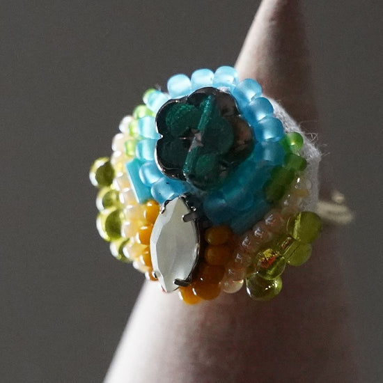 Chatty ring 62 free size beaded embroidery ring flower green yellow multicolor