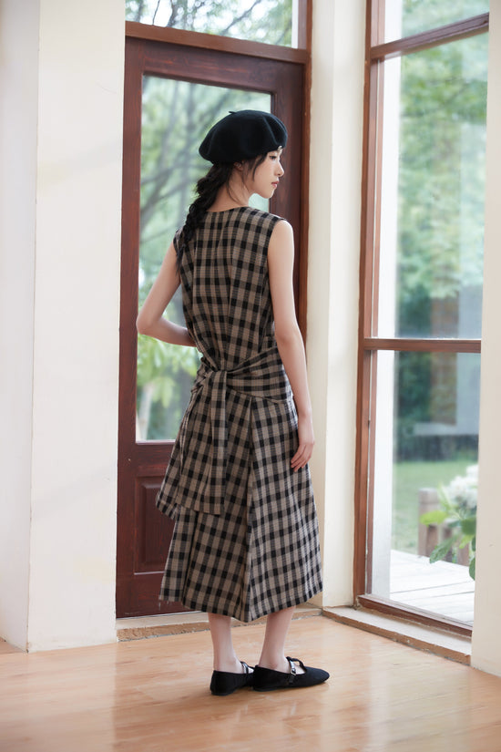 Sleeveless Check Dress with Pocket Thick Wide Belt Design