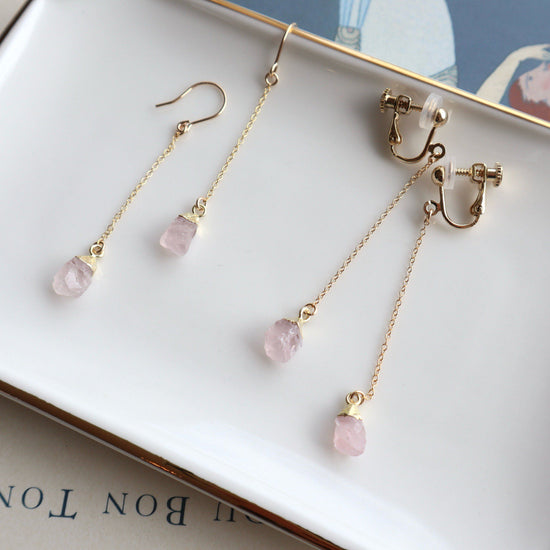 Rough rock charm long pierce/earring (Rose quartz October birthstone)