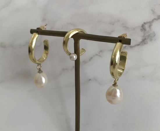 Brass [gold and baroque pearls] shaking drop hoop pierced earrings ear cuff available "Clip-on earrings fall grab bag